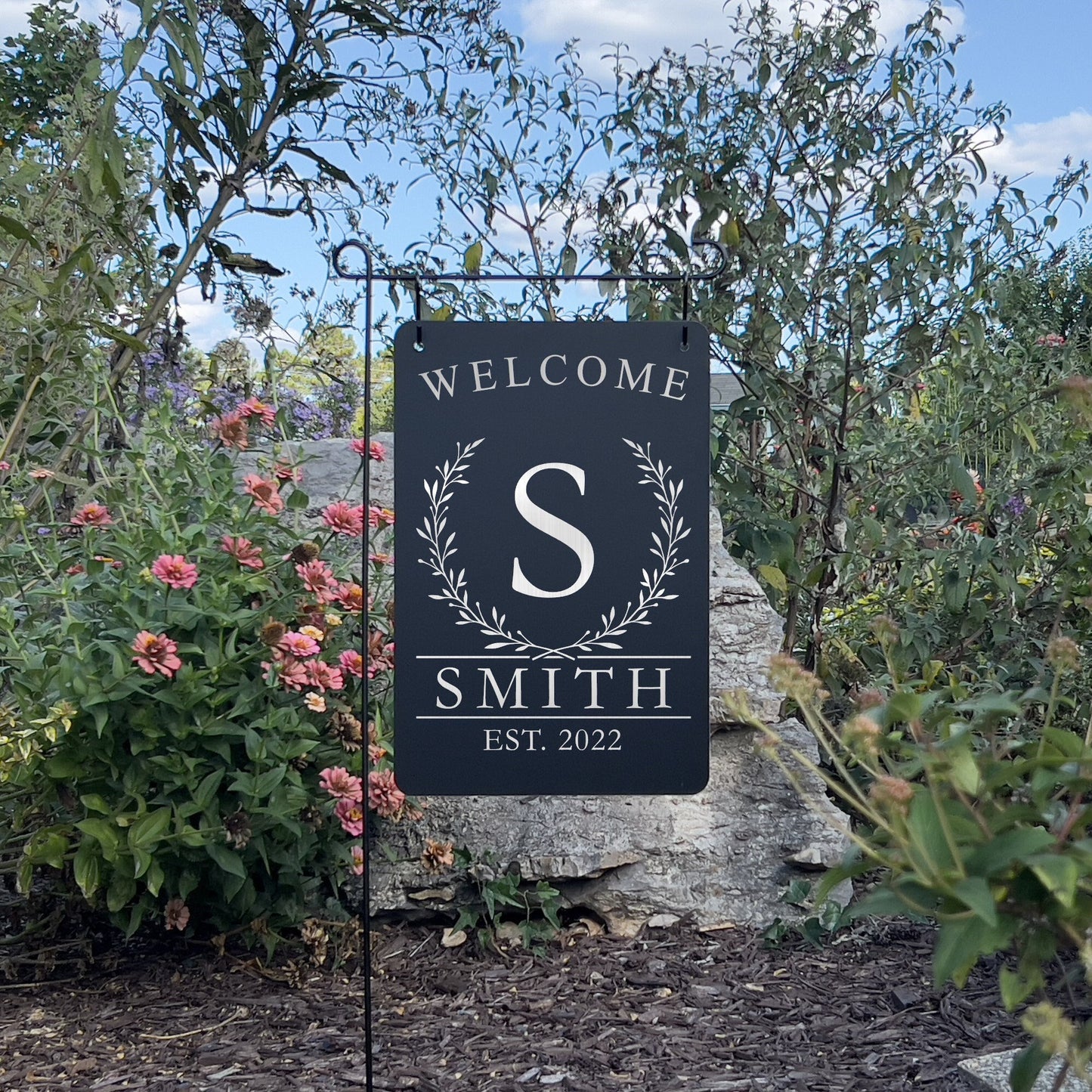 Custom Family Name Garden Sign – Engraved Metal Alternative to Flags & Yard Decor