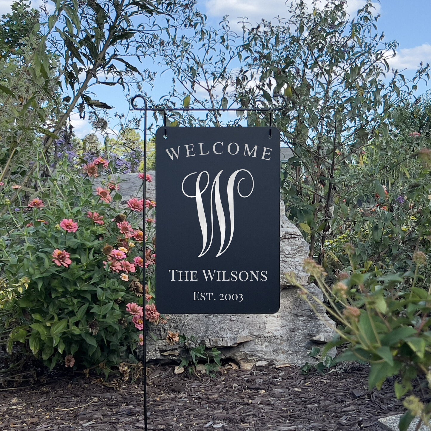 Custom Monogrammed Garden Sign – Engraved Metal Alternative to Flags & Yard Decor