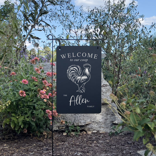 Rooster Custom Garden Sign – Engraved Metal Alternative to Flags & Yard Decor