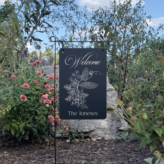 Custom Hummingbird Garden Sign – Engraved Metal Alternative to Flags & Yard Decor