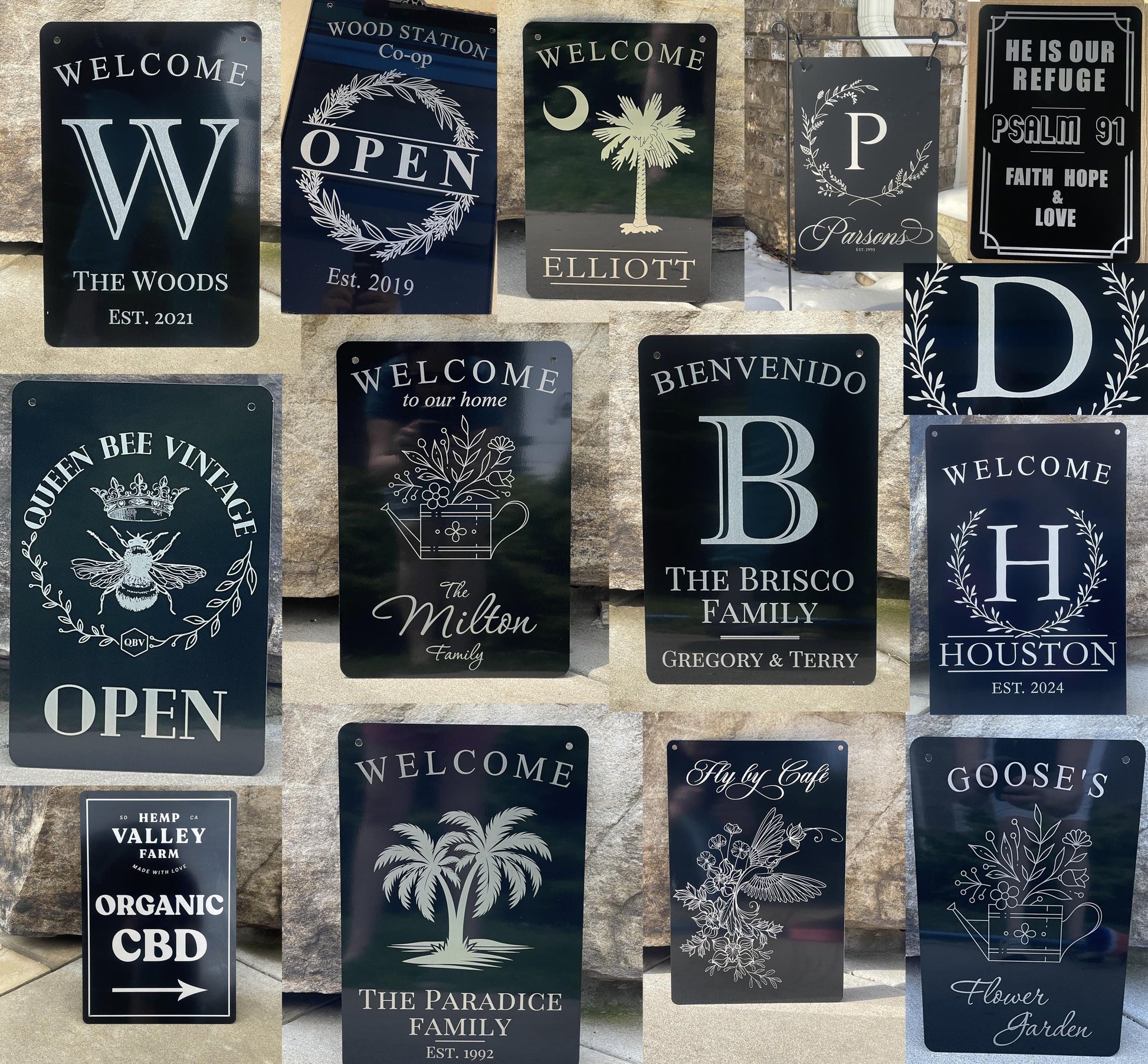 Rooster Custom Garden Sign – Engraved Aluminum – lifestyle setting – garden and yard display