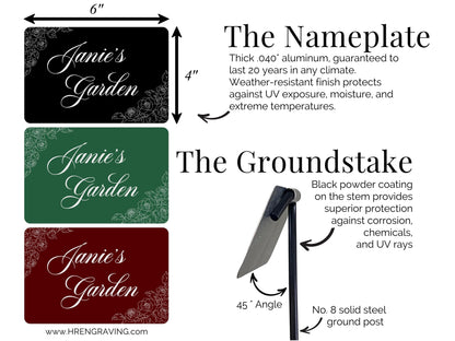 Personalized Floral Engraved Garden Sign- Weatherproof Aluminum Garden Sign