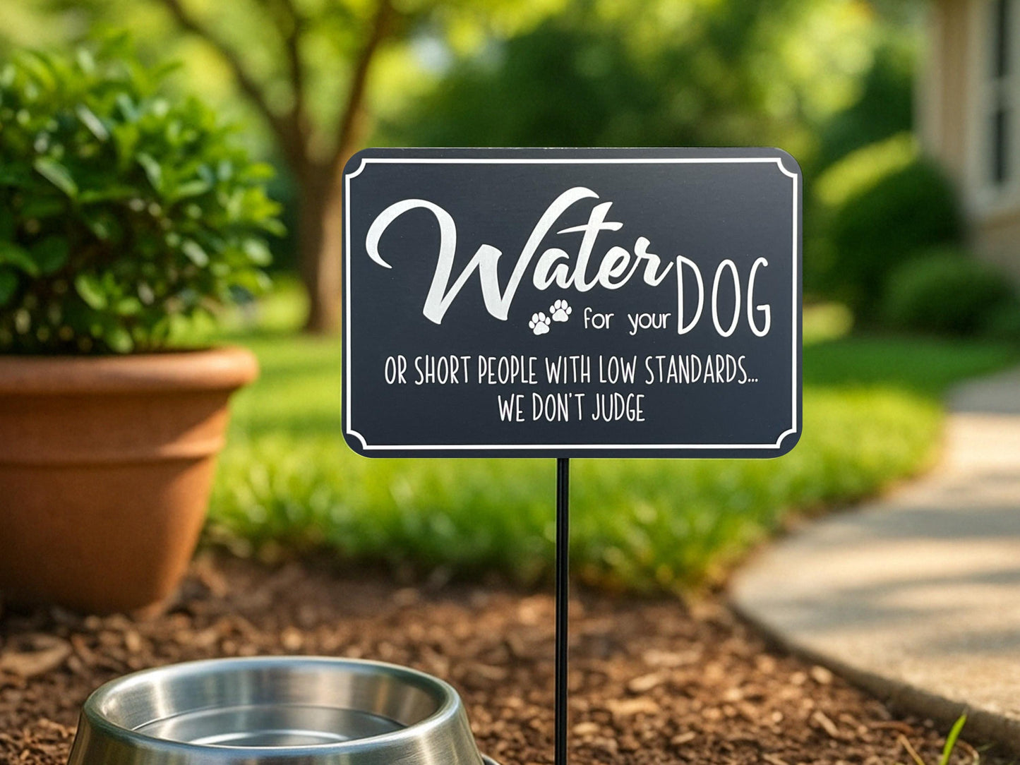 Funny Dog Water Bowl Garden Sign – personalized engraved aluminum, Marker Marketplace